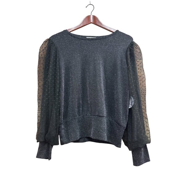 Jolie & Joy Black Glitter Long Sleeve Top With Sheer Polka Dot Balloon Sleeves X - Picture 1 of 8